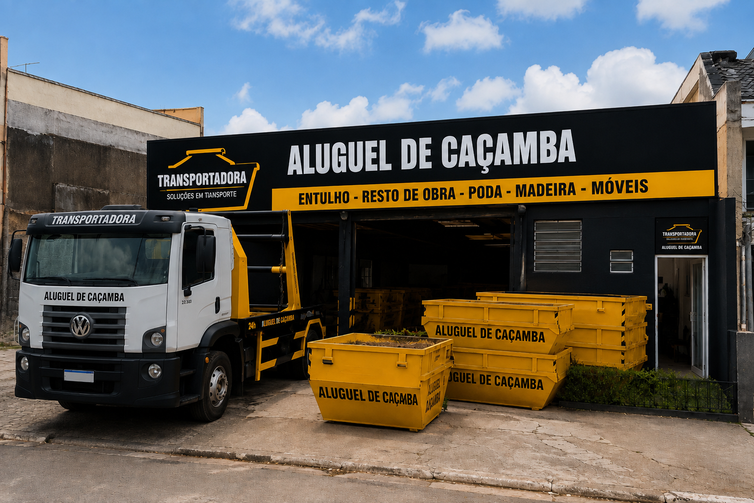 Fachada da Caçamba max com caminhão e caçambas amarelas